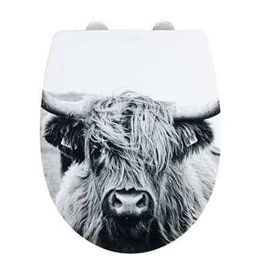 WENKO WC-Sitz mit Absenkautomatik (Softclose), Toilettensitz abnehmbar durch Fix-Clip, O-Form, bruchstabiler Thermoplast, Toilettendeckel mit mehrfarbigem Hochglanzdruck Yak-Motiv, Mod. Yak