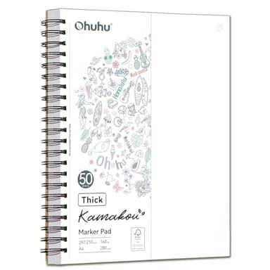 Ohuhu Skizzenbuch A4 - Doppelseitig Durchschlagfest, 280 g/m² superdickes Papie (50 Blatt/100 Seiten), Spiralgebundener Zeichenblock für Alkoholmarker Aquarell, Illustration & Skizzen