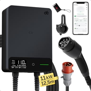 dé Typ 2 Wallbox 11kW mit APP und RFID, 6-16A 3-Phasen EV-Ladegerät 400V mit 12,5m Ladekabel und Kabelhalter für BEV/PHEV, RCD Typ-B & IP54-Schutz, effiziente Ladestation für Zuhause, schwarz
