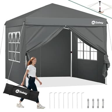 Sekey Pop Up Pavillon 3x3 Wasserdicht Stabil Winterfest, Faltpavillon 3 x 3 m, Camping Pavillion Faltbar Partyzelt mit Seitenwänden, Höhe Verstellbar in 3 Stufen, (Grau, Höhe 260)