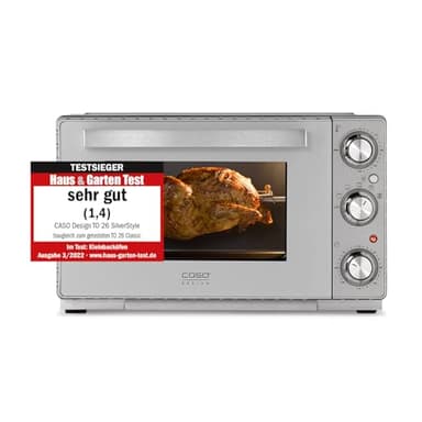 CASO TO 26 SilverStyle - Design Backofen, Testsieger im Haus & Garten Test, 26 Liter Garraum, 3 Einschubebenen, 70-230°C, Heißluft, Silber, Edelstahl