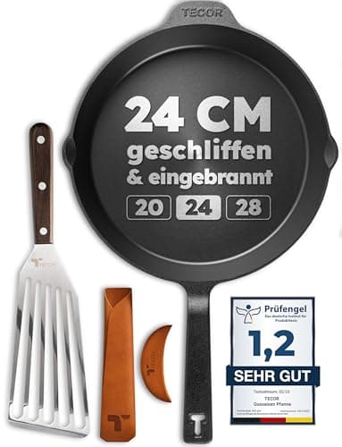 TECOR Gusseisenpfanne induktion 24 cm geschliffen, universell, natürlich - Langlebige Pfanne Gusseisen 24 cm - Antihaft Gusspfanne Induktion einfach, top Qualität - Cast iron pan induction