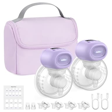 Nuliie Milchpumpe Elektrisch tragbare, Elektrische Milchpumpe freihändig mit 4 Saugmodi und 12 Stufen, inklusive 14/17/20/24/27 mm Flansch für jede Mutter (2 Packungen, Violet)
