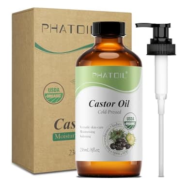 PHATOIL Rizinusöl Bio Kaltgepresst 236ML, Organic Castor Oil 100% Rein Natürlich, Rizinus Öl für Haaröl, Körperöl, Wimpern, Augenbrauen, Nägel, Bart, Rizinusöl Packung für Leberentgiftung