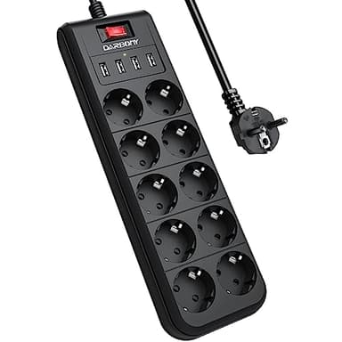 4 USB Steckdosenleiste 10-Fach Mehrfachsteckdose mit Schalter, Überspannungsschutz 4000W 16A Verteilersteckdose Wandmontage Steckdose Steckerleiste für Hause, Schule 2M Kabel Schwarz