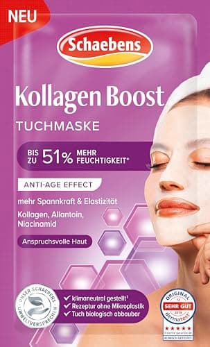 Schaebens Kollagen Boost Tuchmaske, Anti-Age Effect mit Kollagen, Allantoin und Niacinamid für anspruchsvolle Haut.