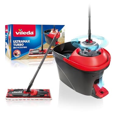 Vileda Ultramax Turbo 2in1 Bodenwischer Komplett Set | Wischmopp-System mit Teleskopstiel (75–130 cm), Mikrofaserbezug & Eimer mit Powerschleuder | Für Fliesen, Laminat & Parkett | Eco-Verpackung