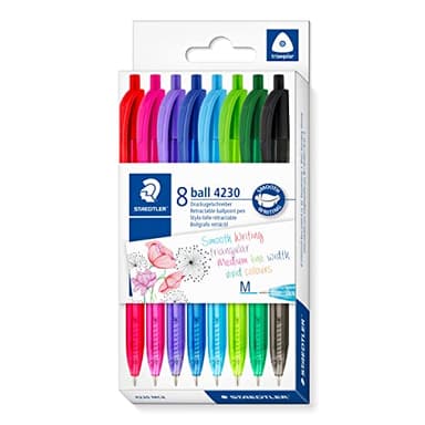 STAEDTLER dreikant retract Kugelschreiber, Linienbreite M ca. 1,00 mm, für entspanntes Schreiben, 8 Kugelschreiber in sortierten Farben im Kartonetui, 4230 MC8