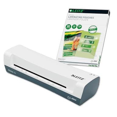 Leitz Set iLAM Home A4 Laminiergerät + Heißlaminierfolien A4 80 mic im 100er Pack, Laminiergerät für 75 bis 125 mic Laminierfolien, 3 Min. Aufwärmzeit, Weiß, Ideal für Home Office & Schule, 74200000