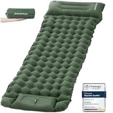 HAUSPROFI Isomatte Camping, 10cm Ultraleicht Camping Luftmatratze mit Fußpumpe & Kissen, Aufblasbare Matratze Kompakte und Leichte, Campingmatte für Wandern Strand Outdoor, Armeegrün