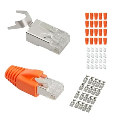 Puiseno 20 Stück Netzwerkstecker 10Gbps, RJ45 Stecker Cat 7 mit Einfädelhilfe und Knickschutz, 8-poliger Plug, kompatibel mit Cat7, Cat 6A für Switch/TV/PS4/ADSL/Modem/TV-Box/Router/PC