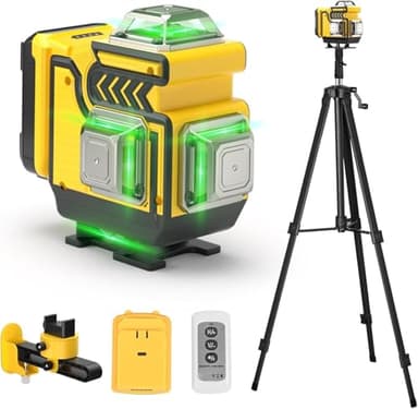 Kreuzlinienlaser mit Stativ - cjumel 4 x 360° Grün Laser Wasserwaage Selbstnivellierend, 4D 16 Linienlaser Kreuzlaser Mit 1.6M Stativ, 5400mAh Batterien, Fernbedienung
