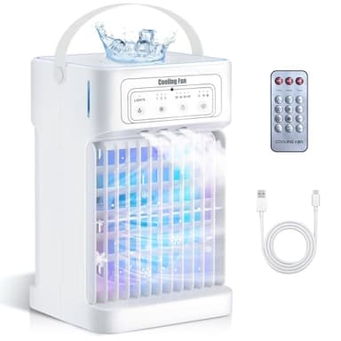Klimaanlage Mobil, 4-in-1 Mobile Klimaanlage, Ventilator mit Wasserkühlung 1100ml Wassertank, Air Conditioner mit 3 Windgeschwindigkeiten,7 Farben Licht 3 Sprühfunktion, 2-8H Timer für Schlafzimmer