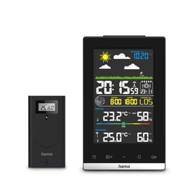 Hama Wetterstation Funk mit Außensensor (Wettervorhersage, Luftdruck, Hygrometer, Wetterstation zuhause, Innen- und Außentemperatur, Raumklima Messgerät, Farbdisplay, Funkuhr, Wecker) schwarz