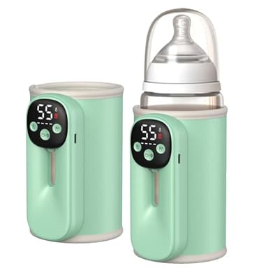 Drahtloses Milchwärmer, mit LED Temperaturdisplay 8000mAh Flaschenwärmer Baby Unterwegs 6 stufige Schnellheizung USB C Ladung Wärmedämmhülle für Muttermilch und Reisen (Grün)