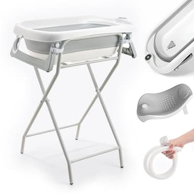 Faltbare Babywanne mit Gestell – XXL Baby Badewanne mit Ständer, Thermometer 2.0, Badesitz & Ablaufsystem – Perfekt für die Dusche – Ab Geburt bis 3 Jahre – Ideal als Baby Geschenk