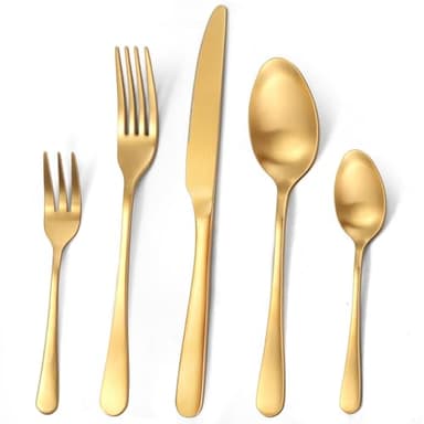 Targzier Besteck Set für 6 Personen Goldenes,30 teilig Titanium Gold Essbesteck Set inkl. Messer,Gabel,Löffel,Besteck Set Golden aus Edelstahl,Spülmaschinenfest(Matt Gold)