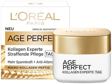L'Oréal Paris Kollagen-Tagescreme, Anti-Aging Feuchtigkeitspflege für reife und straffere Haut, gegen Altersflecken, mit Kollagen-Peptid, Age Perfect Kollagen Experte Gesichtscreme, 50 ml