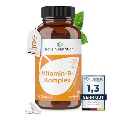 Vitamin B Komplex Hochdosiert - Vitamin B12 Hochdosiert - B2 B6 B12-120 Kapseln - 4 Monate Vorrat - Vegan Ohne Zusätze in Deutschland hergestellt - Rhein Nutrition