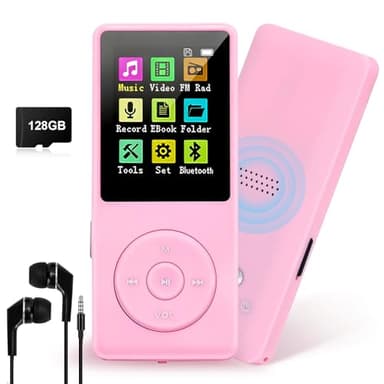 128 GB MP3-Player mit Bluetooth 5.0, COVVY Tragbarer digitaler Musikplayer mit integriertem HD-Lautsprecher, FM-Radio, E-Book-Funktion, Kopfhörer im Lieferumfang enthalten (Rosa)