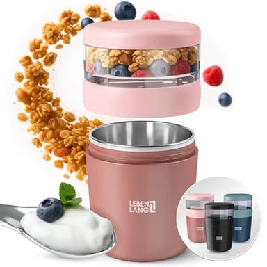 LEBENLANG Müslibecher To Go mit Löffel - Isolierende Edelstahlinnenwand & 650ml I Müslibecher Müsli to go Joghurtbecher to go Becher für Joghurt Porridge Yoghurt Kinder & Erwachsene Unterwegs