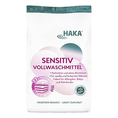 HAKA Sensitiv Vollwaschmittel Pulver, 3 kg (77 WL), für Allergiker & sensible Haut, weiße & farbechte Wäsche, Baby Waschmittel, parfümfrei, vegan, haut- & umweltfreundlich