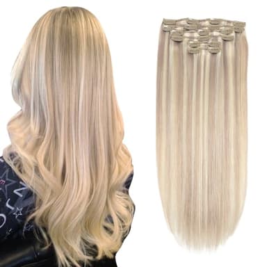 XDhair Clip in Extensions Echthaar Clip in Remy Haarverlängerungen Echthaar Ashblond Highlight Gebleichtes Blond 50cm 120g Echthaar Extensions 6 Stück(#18P613-20 Zoll)