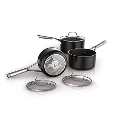 Ninja ZEROSTICK Essentials C13000UK Kochtopf-Set mit Glasdeckeln, antihaftbeschichtet, langlebig, geschmiedetes Aluminium-Pfannen-Set, induktionsgeeignet, ofenfest bis 260 °C, Schwarz