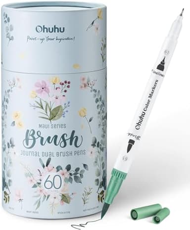 Ohuhu Filzstifte 60 Farben Dual Brush Pen Set - Pinselmarker & Fineliner, Filzstifte für Erwachsene, Wasserbasierte Stifte für Bullet Journal, Kalligraphie, Handlettering & Mandala, Maui Serie