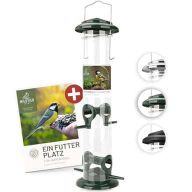 wildtier liebe Körner Futtersäule, Vogelfutterspender 38cm, Grün - aus rostfreiem Metall I Vogel-Futterstation, Vogelfutter-Säule, Wildvögel Futtersilo I Ganzjährige Vogelfütterung