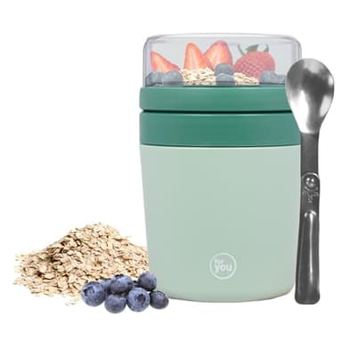 for you Müslibecher to Go - 500 ml + 150 ml mit Edelstahl-Becher und Löffel - Geeignet für Geschirrspüler & Gefrierschrank - Edelstahl-Becher und BPA-freien Material in Lebensmittelqualität