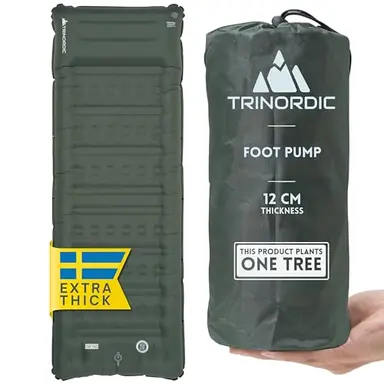 Trinordic Extradicke Aufblasbare Isomatte - 12cm Dick & 70cm Breit mit Fußpumpe & Kissen - Camping Luftmatratze mit Kleines Packmaß für Outdoor, Wandern & Bikepacking