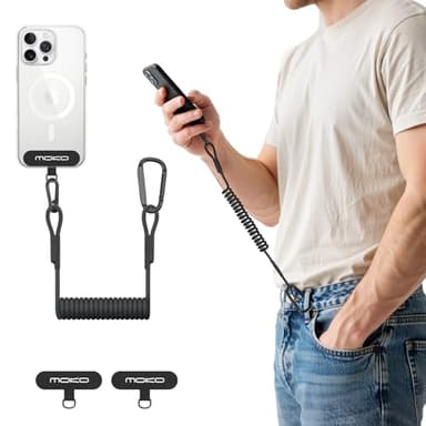 MoKo Phone Lanyard Tether mit Patch, Anti-Diebstahl Handygurt mit Karabiner, Universal Stretchy Tropfschutz Handy Lanyard für Outdoor Wandern Klettern Angeln, passend für meisten Smartphones, Schwarz
