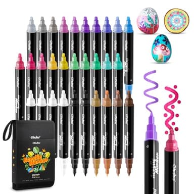 Ohuhu Acrylstifte, 30 Stück Wasserfest Lichtecht Hohe Opazität Permanent Doppelspitze (Feine & Runde) Acrylic Marker Metallische Farben für Steine Bemalen Zeichnen Holz Glas Keramik Ostereier Kürbis