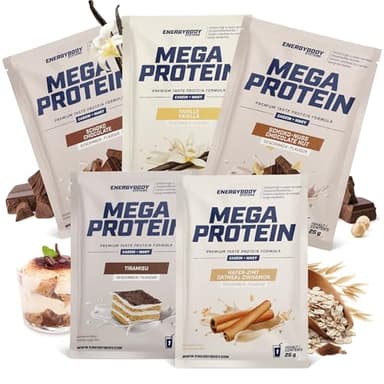 Energybody Mega Protein Pulver Probierpaket 1-5x25g - Mehrkomponenten Protein mit Casein Whey Mix als Eiweiss Protein Pulver/Proteinpulver Probierpackung/Eiweißpulver Probierset