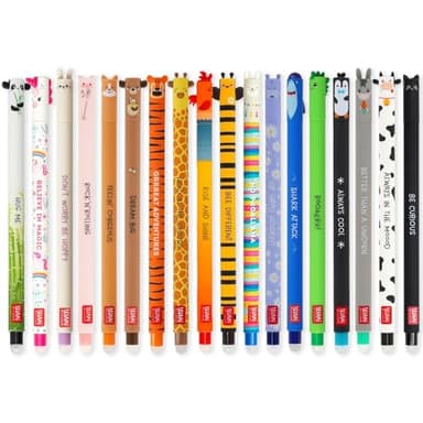 LEGAMI - Set mit 18 löschbaren Gelstiften mit thermosensitiver Radier-Tinte, Auswahl an Tintenfarben & Schaftdesigns, 0,7 mm Spitze, Tierdesigns, Huhn, Schwein, Esel, Kuh usw