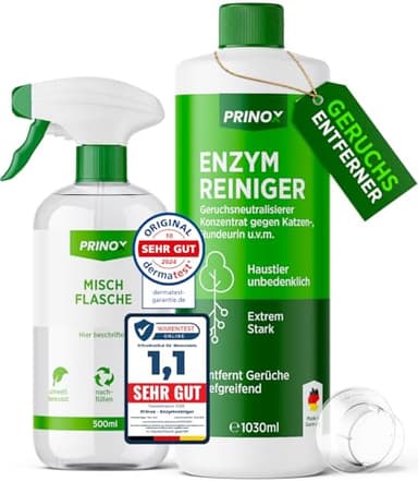 PRINOX 1030ml Enzymreiniger Konzentrat inkl. Mischflasche I STARKER GERUCHSENTFERNER I Ergibt bis zu 40L Geruchsneutralisierer I Beseitigt Hundeurin, Katzenurin Geruch tiefgreifend uvm. I Made in DE