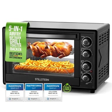 Stillstern Minibackofen mit Umluft 45L (DE Version) Pizza Ø32, CYCLONE PRO+ Antihaftbeschichtung, Auftauen, 2h Timer, Camping Mini Backofen Umluft Pizzaofen Mini Ofen klein Hähnchengrill mit Drehspieß