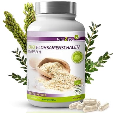 Vita2You Bio Flohsamenschalen Kapseln - 360 Kapseln - 750mg pro Kapsel - Flohsamen Schalen hochdosiert - Biologischer Anbau - Premium Qualität
