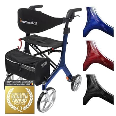 Besco Medical Carbon Rollator ultraleicht 5,8 kg - faltbar, höhenverstellbar, mit Sitz - Premium Gehhilfe mit Rückengurt, Netztasche, Stockhalter - Modell M Saphirblau