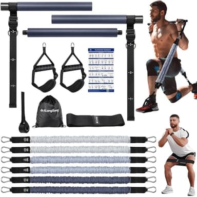 ALongSong Fitnessbänder Pilates Bar Set mit Widerstandsbänder 30-360lbs, Trainingsbänder Krafttraining Fitnessgeräte für Zuhause Resistance Bands Verstellbare Pilates-Stange Griffe, Türanker