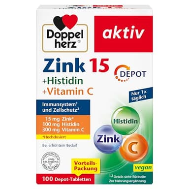 Doppelherz Zink 15 + Histidin + Vitamin C -15 mg Zink als Beitrag für die normale Funktion des Immunsystems und für den Erhalt normaler Haut - 100 vegane Depot-Tabletten