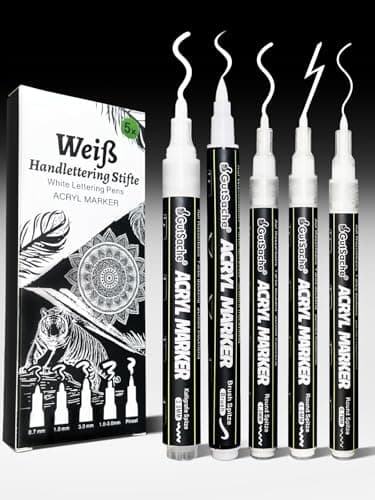 DealKits 5x Weiße Acrylstifte, Deckende Acrylmarker für Holz Glas Papier Stein, Schnelltrocknend Wasserfest Acrylic Marker Brush Pen Kalligrafie Stift, Kreidestifte für Tafel Abwaschbar
