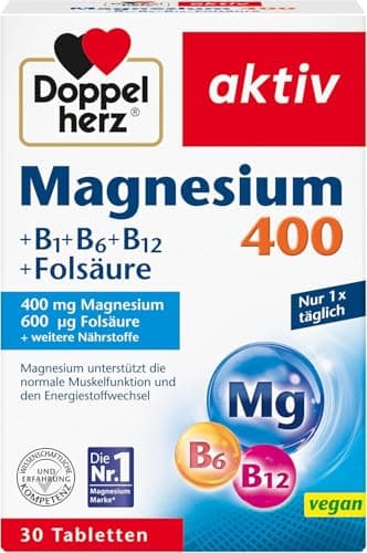 Doppelherz Magnesium 400 + B1 + B6 + B12 + Folsäure - Magnesium unterstützt die normale Muskelfunktion und den Energiestoffwechsel - 30 vegane Tabletten