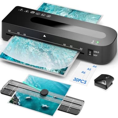 Laminiergerät A4 Laminiermaschine - 4 in 1 Laminiergerat mit 30 Laminierfolien für A4/A5/A6, Schnelles Aufwärmen, Heiß und Kalt Laminator Set mit Papierschneider, Eckrunde für Büro, Zuhause und Schule