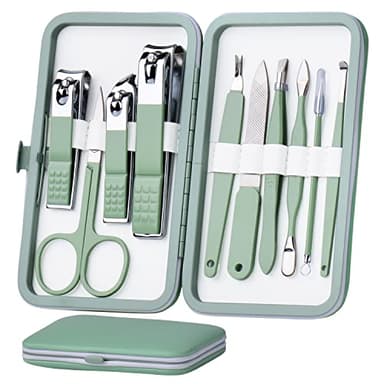 HANTEKAS Maniküre-Set 10 in 1 aus Edelstahl, Nagelknipser, Schere, Pediküre-Werkzeuge – Tragbares Reise-Pflegeset für Männer und Frauen mit Lederetui (Jadegrün)