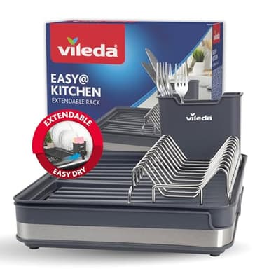 Vileda Abtropfgestell Geschirr - Platzsparendes Design mit Besteckhalter - Geschirrablage ausziehbar, Rostfrei & Langlebig - Perfekt für Teller, Gläser & sonstiges Besteck