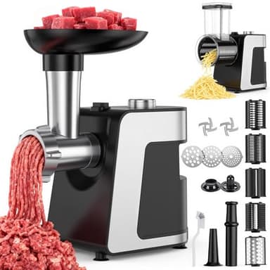 FITNATE 2000W Elektrische Fleischwolf, Multifunktions Küchenmaschine mit Wurstfüller, Käse Reibe & Gemüseschneider, inkl. 3 Mahlplatten für Feine/Mittlere/Grobe Schnitte