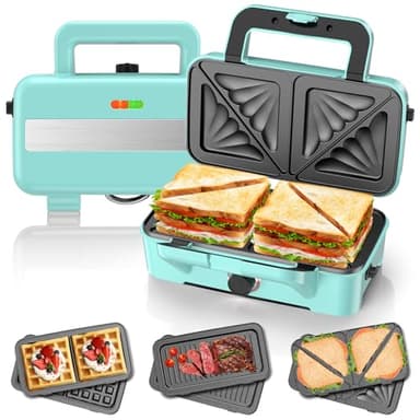 Sandwichmaker 3 IN 1, 1200W & 5-Gang-Temperaturregelung Waffeleisen, Cool-Touch-Griff, Sandwichtoaster, Kontaktgrill mit 3 Antihaftplatten für Sandwich, Waffeln, Fleisch, LED-Leuchten, Mintgrün