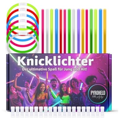 PYROHELD 100x Knicklichter - Leuchtstab - extra Hell & Lang - in bunten Farben für Kindergeburtstag, Party, Silvester Deko 2026, Mitgebsel, Festival, Geburtstag - Glow Sticks mit Verbinder